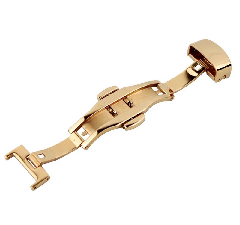 RECHERE 22mm Stainless Steel Push Button Butterfly Deployment Clasp For Leather Watch band Strap Gold